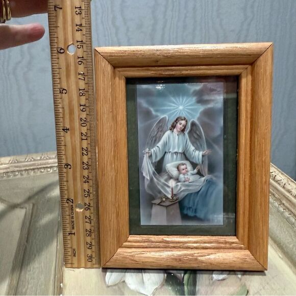 Vintage Heavenly Guardian Angel & Child Miniature Framed Prayer Card Wood Frame - Picture 4 of 6